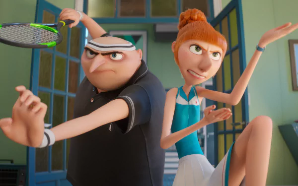 HD desktop wallpaper and background from the movie Despicable Me 4 featuring two animated characters in a playful tennis pose.