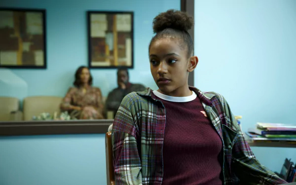 Image from the movie Sound of Hope: The Story of Possum Trot showing a young woman in a maroon sweater and plaid shirt, seated indoors with two people in the background. HD desktop wallpaper and background.