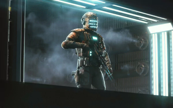 HD desktop wallpaper of a soldier in futuristic gear from the video game Battlefield 2042, standing in a dimly lit room with mist in the background.