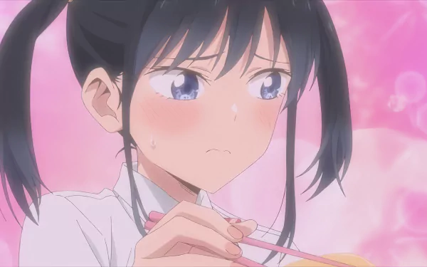 HD anime desktop wallpaper featuring a blushing character from Pseudo Harem, with a pink and dreamy background.