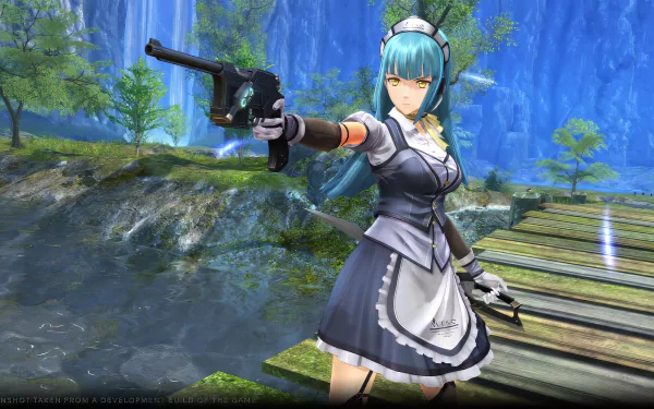 A character with teal hair from The Legend of Heroes: Trails through Daybreak pointing a gun, set against a scenic outdoor background. HD desktop wallpaper and background image.
