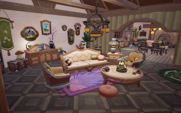 Cozy interior scene from the video game Palia, featuring a decorative living space with a sofa, plants, and warm lighting, serving as a vibrant HD desktop wallpaper.