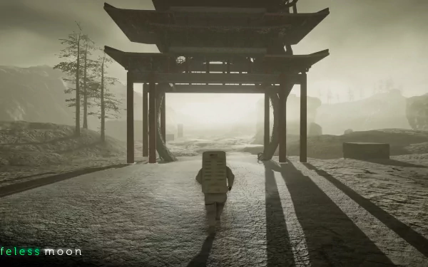 HD desktop wallpaper and background of Lifeless Moon video game, featuring an astronaut walking towards a large, shadowy structure in a desolate, misty landscape.