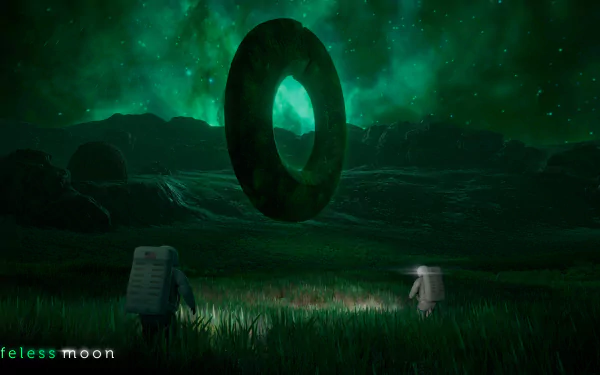 HD desktop wallpaper for the video game Lifeless Moon, depicting two astronauts under a vibrant green night sky, gazing at a large floating ring on a mysterious, grassy landscape.