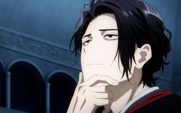 HD desktop wallpaper featuring Osamu Dazai from the anime No Longer Allowed in Another World, showcasing a thoughtful expression in a dimly lit, ornate background.