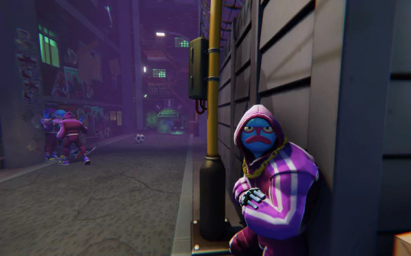 HD wallpaper from the video game Anger Foot, featuring a character hiding in an urban alleyway at night, dressed in a hood and mask, with a tense atmosphere.