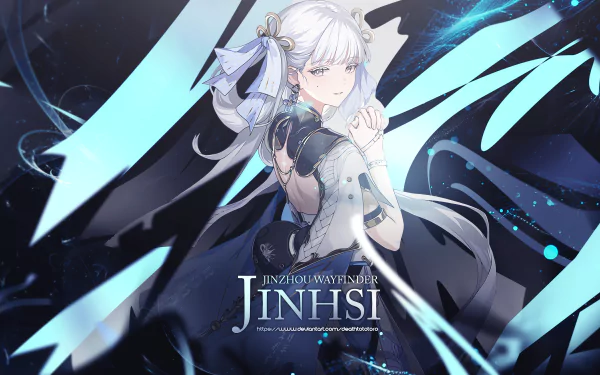 4K Ultra HD PC wallpaper featuring Jinhsi from Wuthering Waves, showcasing a white-haired character with flowing ribbons and dynamic blue streaks in a dark, ethereal background.