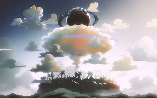 4K Ultra HD anime wallpaper featuring a dramatic sky with clouds and a mechanical orb hovering above an island, inspired by One Piece.