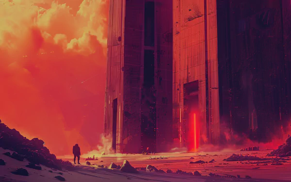 HD wallpaper showing a solitary astronaut standing before a colossal, futuristic building under a vivid, fiery sky, evoking a strong sci-fi atmosphere.
