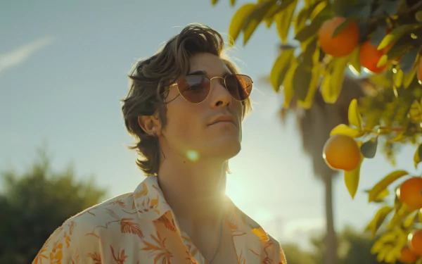 A man wearing sunglasses and a floral shirt enjoys a sunny summer day, with orange trees in the background. This HD desktop wallpaper captures a cool, relaxed summer aesthetic.