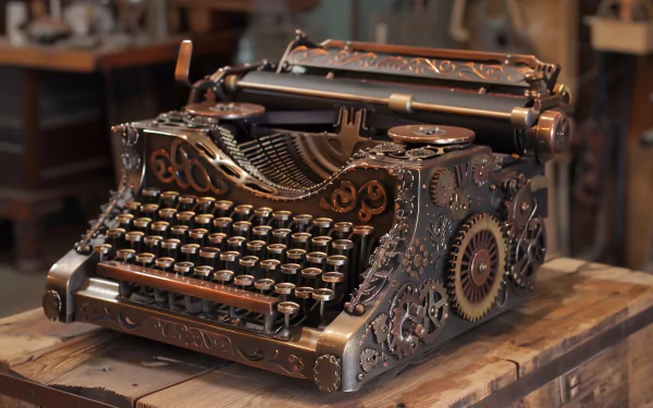 HD desktop wallpaper of a detailed steampunk typewriter with intricate gears and ornate design, set on a rustic wooden table.