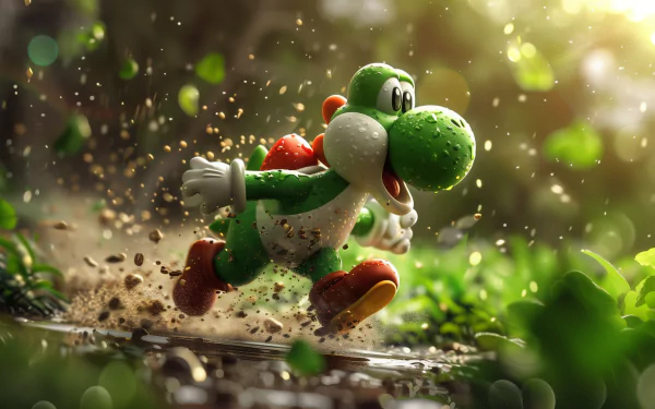 HD desktop wallpaper and background featuring Yoshi running through a lush, vibrant environment, with dynamic lighting and flying debris capturing the sense of motion.