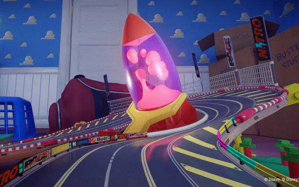 HD desktop wallpaper featuring a colorful track from the video game Disney Speedstorm. The scene includes a rocket-shaped structure and vibrant racing elements set against a playful, toy-like backdrop.