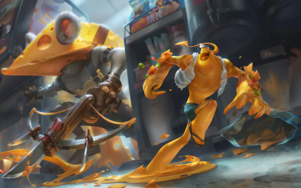 HD desktop wallpaper featuring Zac from League of Legends, showcased in a whimsical cheese-themed environment. This vibrant and dynamic background captures Zac in an action-packed pose.