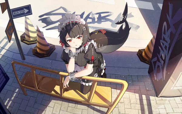 HD wallpaper of Ellen Joe from the video game Zenless Zone Zero, featuring her in a detailed environment with urban elements and vivid tags.