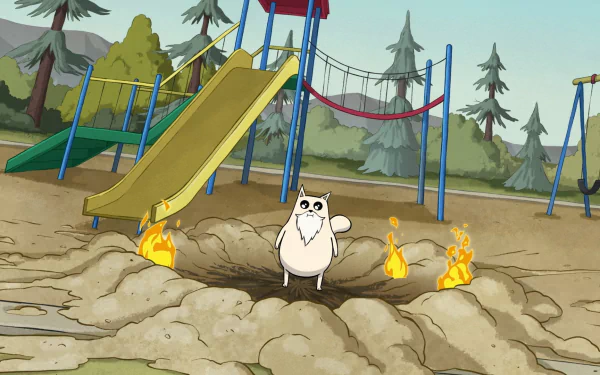 HD wallpaper of the TV show Exploding Kittens, featuring a white cat standing in a school playground crater surrounded by small fires.
