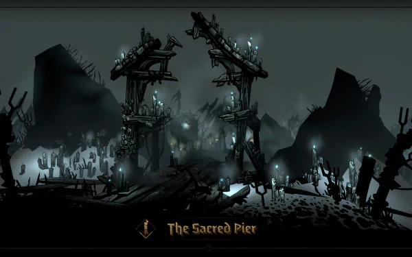 HD desktop wallpaper of Darkest Dungeon II featuring the eerie location The Sacred Pier with ominous structures and mystic lights against a dark, atmospheric backdrop.