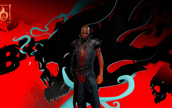 HD desktop wallpaper featuring a character from the video game EvilVEvil, set against a vibrant red and black background with gothic elements.