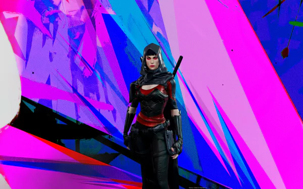 A high-definition desktop wallpaper and background featuring a character from the video game EvilVEvil, set against a vibrant, abstract backdrop with bold splashes of pink, blue, and purple.