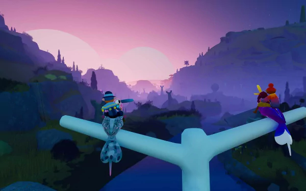 HD desktop wallpaper featuring a scenic landscape from the video game Flock with two characters sitting on a white branch against a vibrant sunset backdrop.