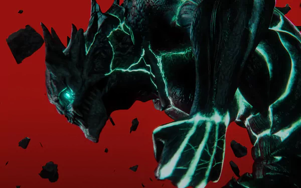4K Ultra HD PC desktop wallpaper featuring a glowing, dark Kaiju No. 8 creature set against a vivid red background with floating debris.