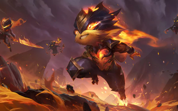 HD wallpaper featuring Kennen from Legends of Runeterra, depicted with vibrant flames in a dynamic action scene. Beautifully crafted for fans of the game and League of Legends.