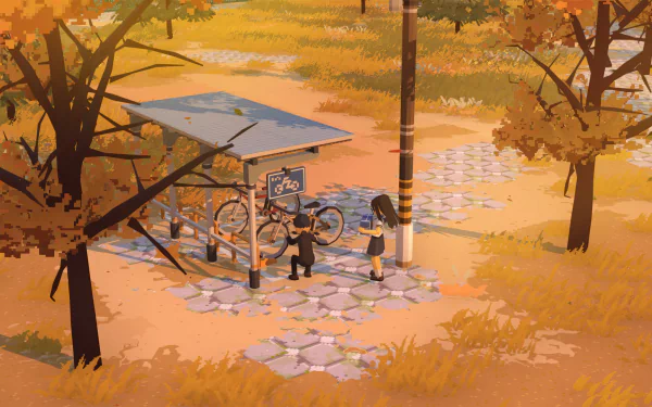 HD desktop wallpaper of the video game Let's School, showcasing a serene autumn scene with two characters near a bike rack under vibrant orange trees.