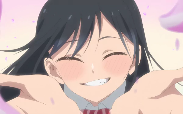 4K Ultra HD anime wallpaper featuring Rin Nanakura from Pseudo Harem, smiling warmly with outstretched hands against a soft pink background with falling petals.