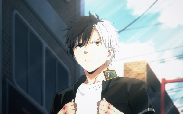 Haruka Sakura anime portrait: a black-and-white–haired youth in a jacket stands on a sunlit city street, gazing determinedly — 4K Ultra HD PC Desktop Wallpaper and Background.
