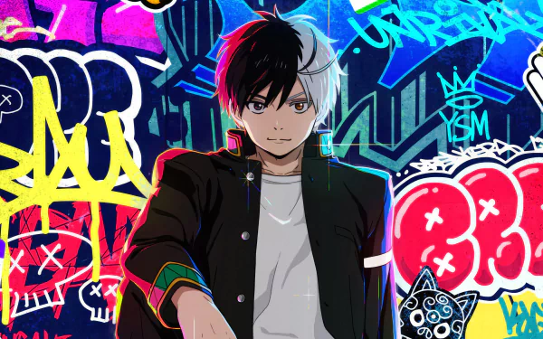 4K Ultra HD PC desktop wallpaper featuring Haruka Sakura standing confidently against a vibrant, colorful graffiti wall background.