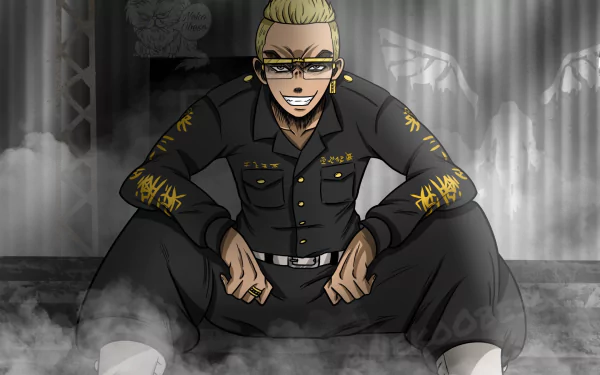 HD desktop wallpaper featuring Tetta Kisaki from Tokyo Revengers. The anime character is seated in a confident pose, surrounded by fog, highlighting a dramatic and intense atmosphere.