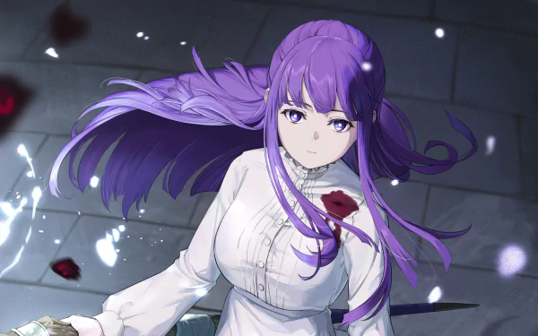 HD PC desktop wallpaper featuring Fern from the anime Frieren: Beyond Journey's End, showcasing her with flowing purple hair and a white outfit against a dark background.