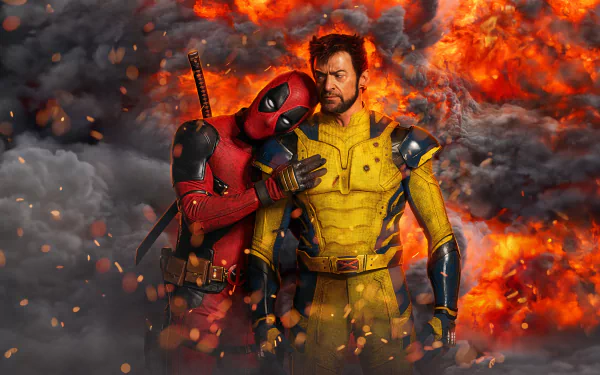 Deadpool and Wolverine stand together amidst fiery explosions in this vibrant HD desktop wallpaper. Their bold colors and dynamic poses create an engaging backdrop for any screen.