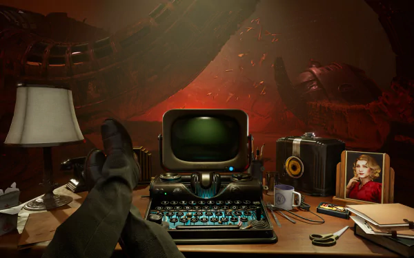 A high-definition desktop wallpaper for the video game Nobody Wants to Die, featuring a dark, futuristic office scene with vintage technology and an eerie background.