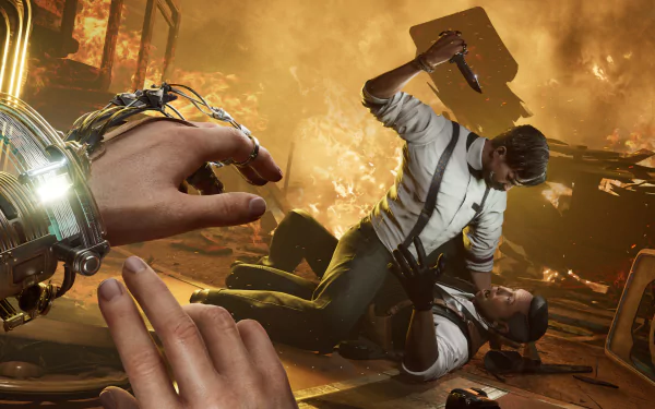 HD desktop wallpaper featuring intense scene from the video game Nobody Wants to Die with two characters in a dramatic confrontation amidst fiery chaos.