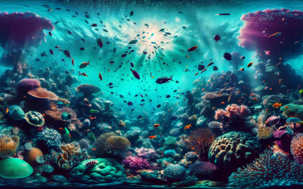 HD desktop wallpaper showcasing a vibrant coral reef teeming with colorful marine life and varied corals, illuminated by sunlight filtering through the water.