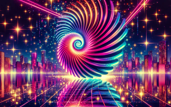 Colorful spiral art with neon hues set against a futuristic cityscape, glowing stars, and reflective water. This HD desktop wallpaper provides a vibrant and mesmerizing background.