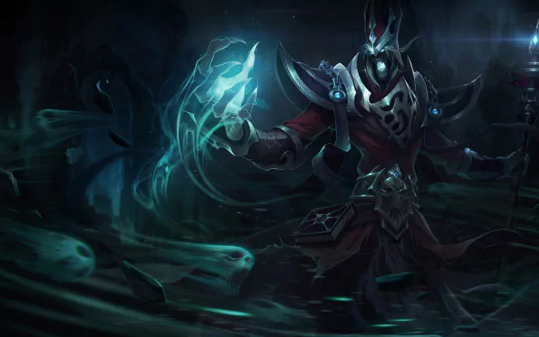 HD desktop wallpaper featuring Karthus from League of Legends, surrounded by a dark, mystical aura.