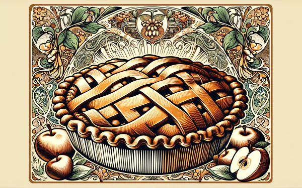 HD desktop wallpaper featuring a beautifully detailed illustration of a lattice-topped apple pie surrounded by apples and intricate floral designs.