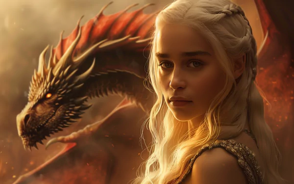 HD wallpaper featuring Emilia Clarke as Daenerys Targaryen from Game of Thrones, standing fiercely with a dragon in the backdrop.