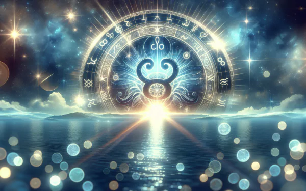 HD desktop wallpaper featuring a Cancer astrology symbol radiating in a mystical night sky over a serene ocean, framed by celestial lights and zodiac signs.