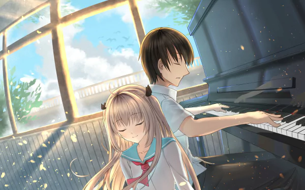 HD desktop wallpaper featuring a serene scene from the video game ATRI -My Dear Moments-, showing a boy playing piano with a girl resting beside him in a sunlit room.