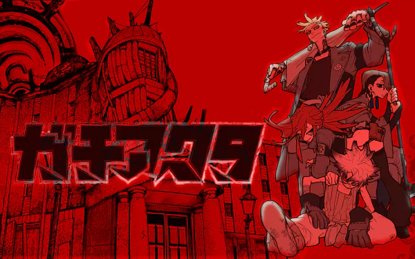 HD wallpaper featuring characters from the anime Gachiakuta, set against a striking red background with bold, Japanese letters and detailed architectural elements.