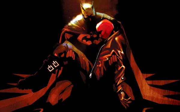 HD PC desktop wallpaper featuring Batman holding Red Hood, illustrated in a bold Jock art style from DC Comics with dramatic lighting and rich shadows.
