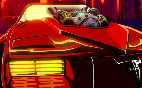 A vibrant HD desktop wallpaper from the video game Mullet MadJack, featuring a stylized red muscle car with exposed engine parts, set against a neon-lit urban backdrop.