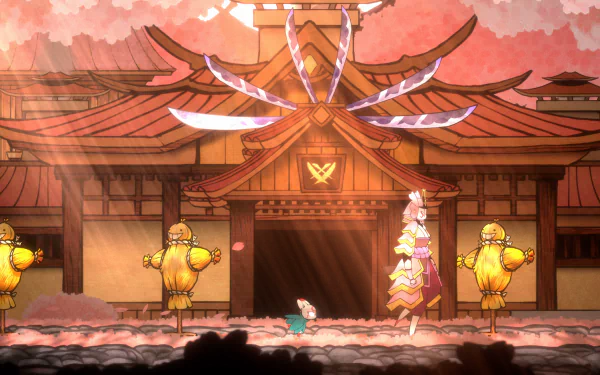 HD desktop wallpaper featuring a scene from the video game Bo: Path of the Teal Lotus, showcasing a colorful temple with artistic character designs and vibrant background elements.