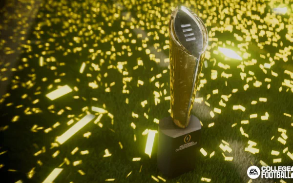 HD wallpaper for EA Sports College Football 25, showcasing a golden trophy amidst a shower of confetti on a grassy field.