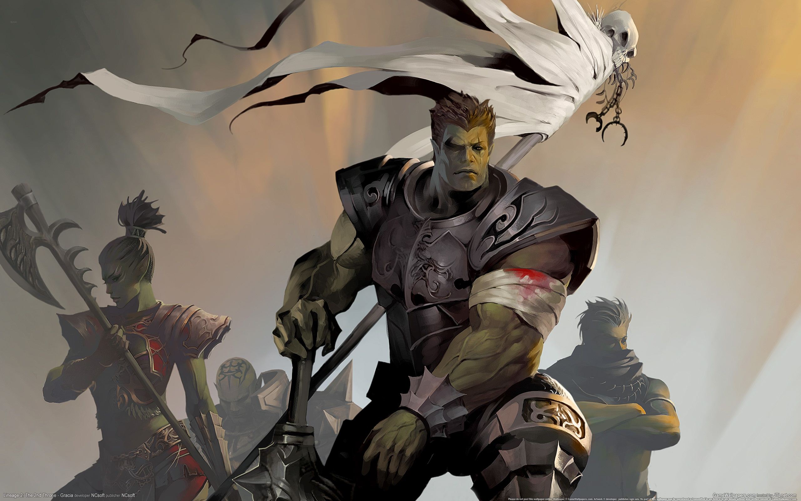 A formidable orc warrior wields an axe and sword, representing a fierce lineage clan in a video game.