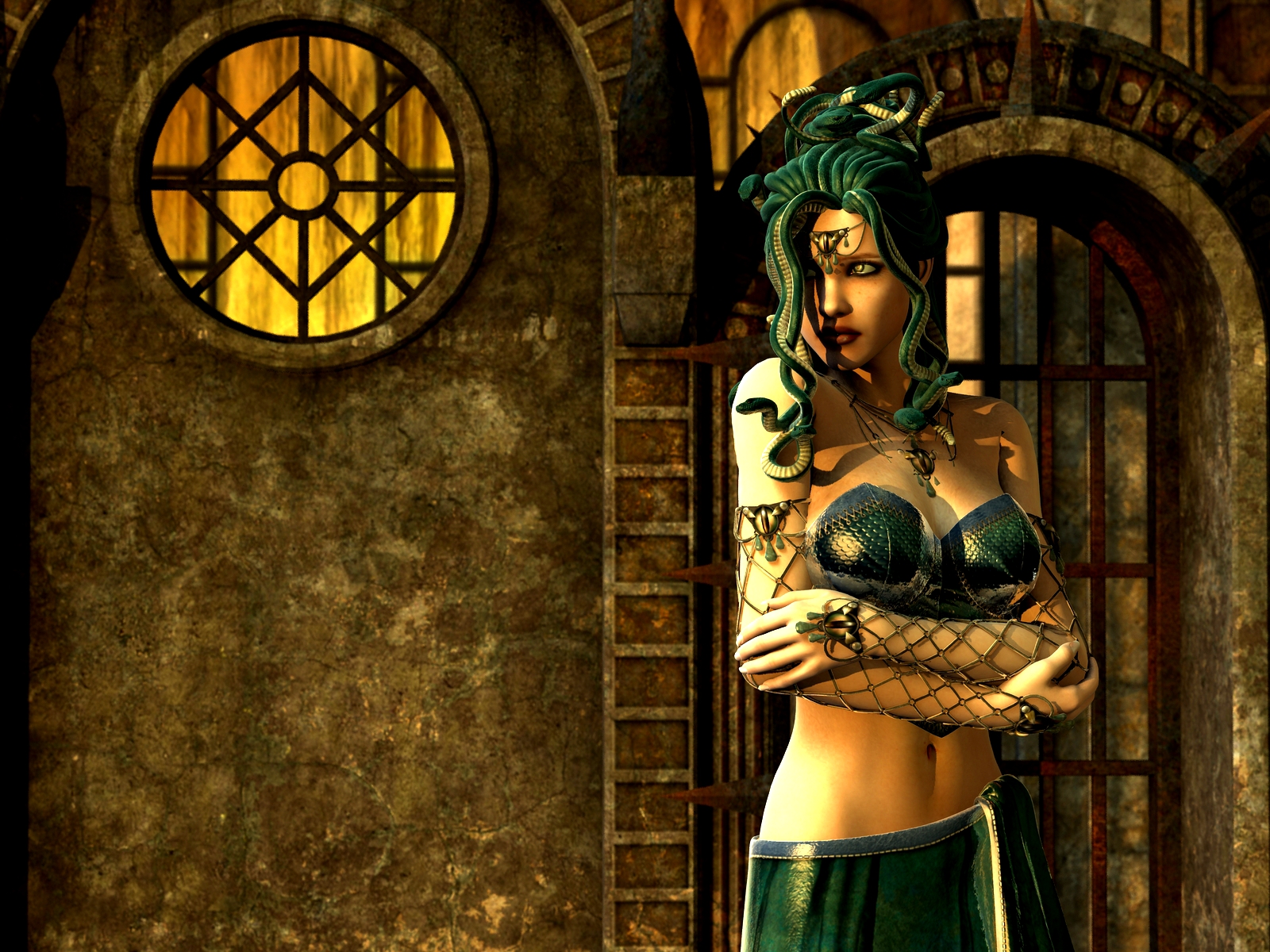 Dark fantasy artwork featuring Medusa, a menacing figure with serpentine hair.