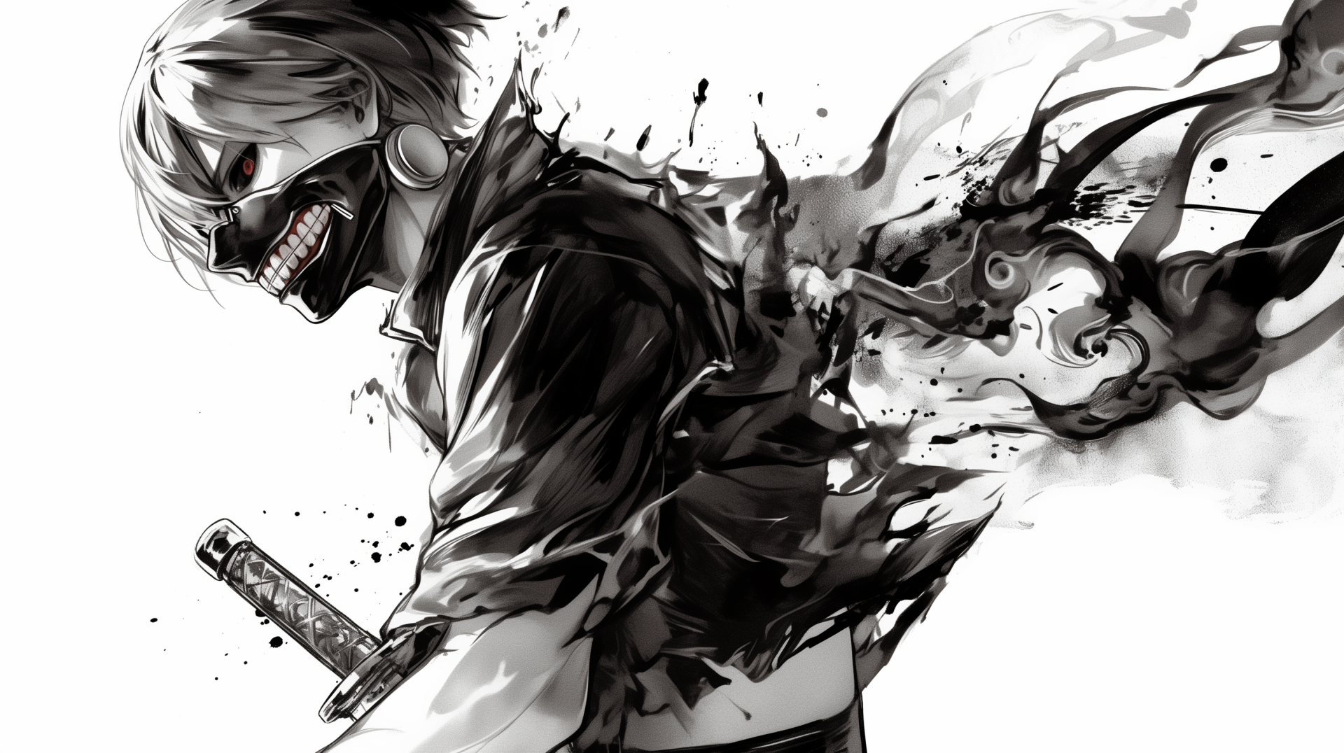HD desktop wallpaper featuring Ken Kaneki from Tokyo Ghoul. The artwork showcases a dynamic pose with a striking black and white aesthetic, blending action and emotion.